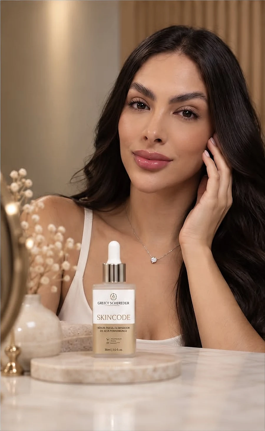 Greicy após o cuidado facial, com o frasco SkinCode à sua frente